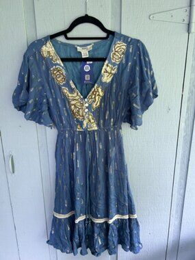 NWT Zury Brazil in Miami Blue Gold Embellished Dress Short Sleeve One Size